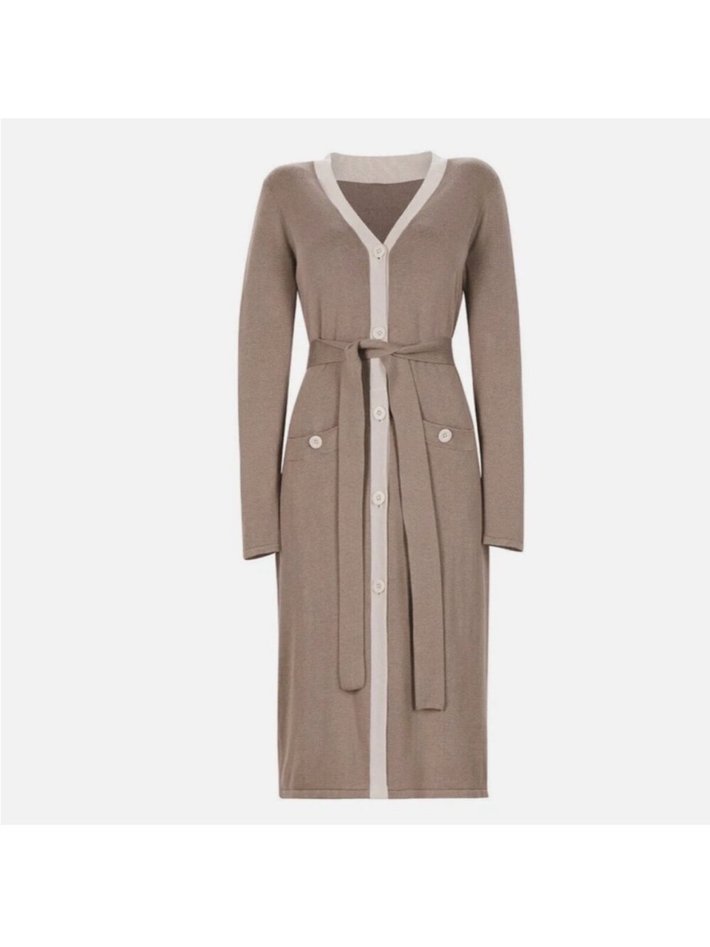 Cabi Genteel beige Long Belted Cardigan Dress with Cream Trim
